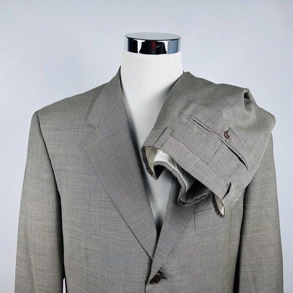 Pal Zileri 46L Suit 35x30 Pleated Beige Brown Houndstooth REDA Wool Three Button